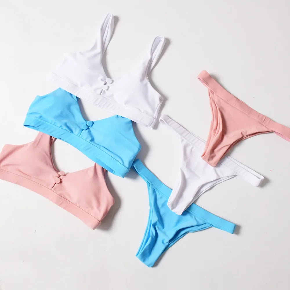 ZTVitality Sexy Bikini Solid Push Up 2019 Hot Sale Padded Bra Button Low Waist Thong Swimsuit Swimwear Women Biquini XL