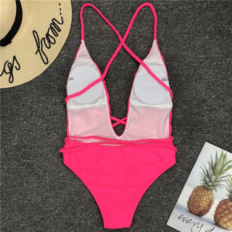 New 2025 Sexy Deep V Neck Wrap Around Female Swimwear One Piece Swimsuit Women Backless Monokini High Cut Bathing Suit Swim Lady