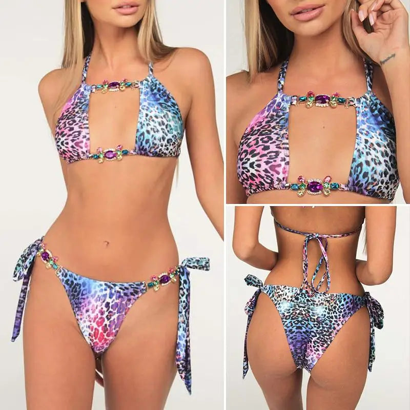 Leopard Diamond Bikini 2026 Women Hollow out Swimsuit Female Swimwear Two Pieces Bikini Set Halter Bather Bathing Suit Swim Lady