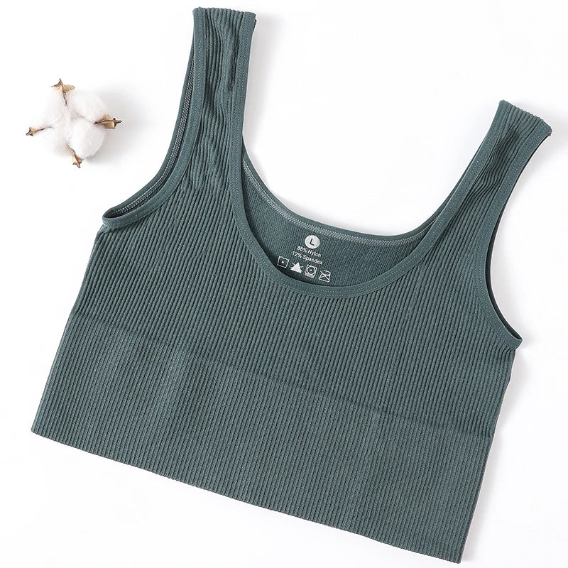 Women Seamless Ribbed Tank Top High Elastic Sleeveless Crop Top Sexy Lingerie Sports O-neck Cropped Bra Daily Camisole M-XL