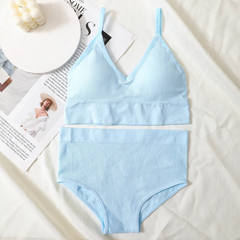 Women Bra And Panty Set Low Back Bra High Waist Briefs Female Sexy Lingerie Set Wire Free Brassiere Seamless Underwear Crop Top
