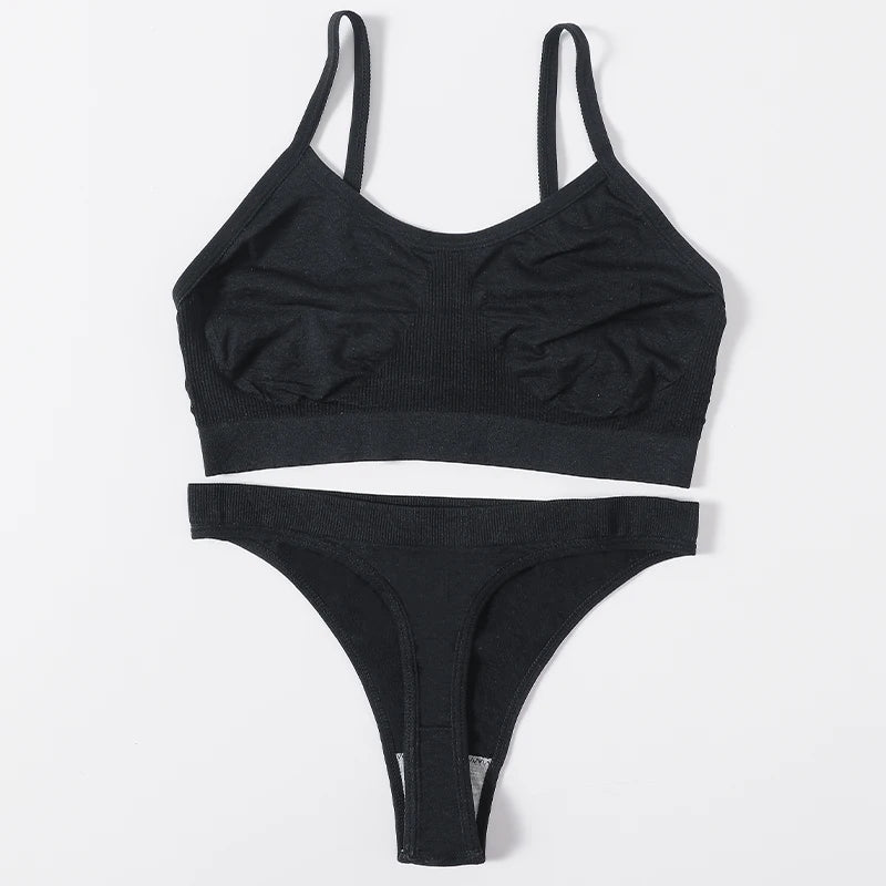 Women Ribbed Bra And Panties Set Seamless Bra Low Rise Thongs Sexy Lingerie Set Comfort Wire Free Tops Female Underwear