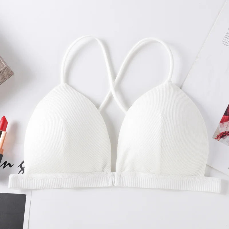Front Closure Bra Deep V Bras For Women Thin Cross Straps Wire Free Brassiere Pdded Bralette Women's Underwear Sexy Lingerie