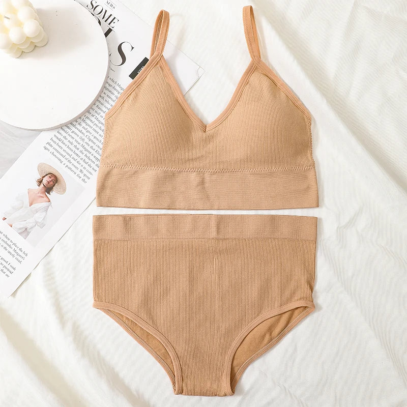 Women Bra And Panty Set Low Back Bra High Waist Briefs Female Sexy Lingerie Set Wire Free Brassiere Seamless Underwear Crop Top