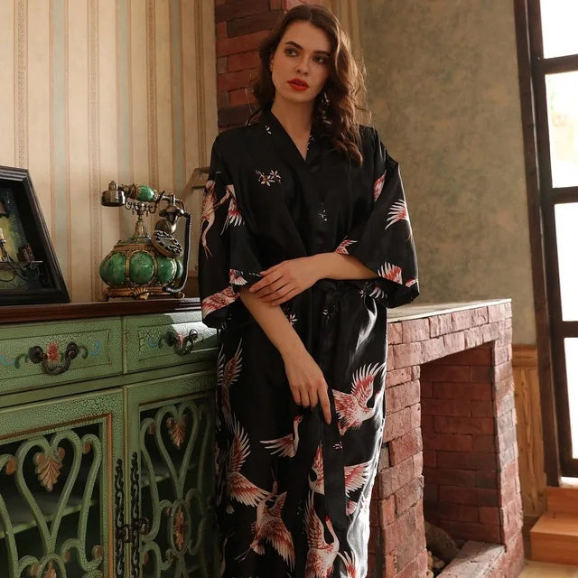Hot Sale Black Summer Satin Kimono Bathrobe Women Bride Bridesmaid Wedding Robe Dress Gown Sexy Flower Long Sleepwear M-3XL