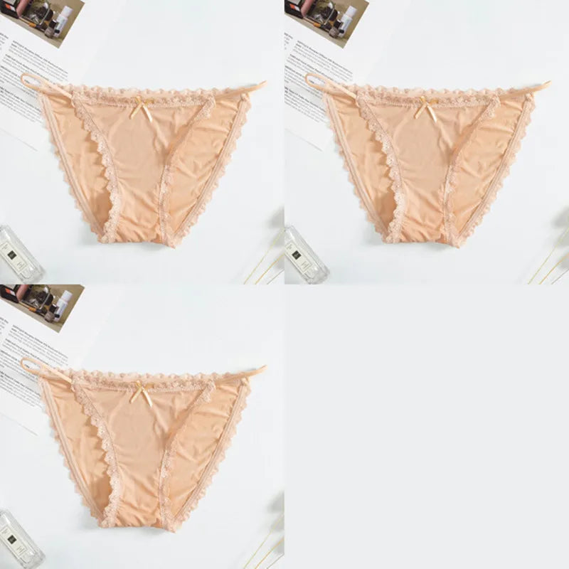 3Pcs/Set Sexy Women Brazilian Panties Ice Silk Briefs Female Underpants Seamless Underwear Lace Trims Low Rise Briefs M-XL