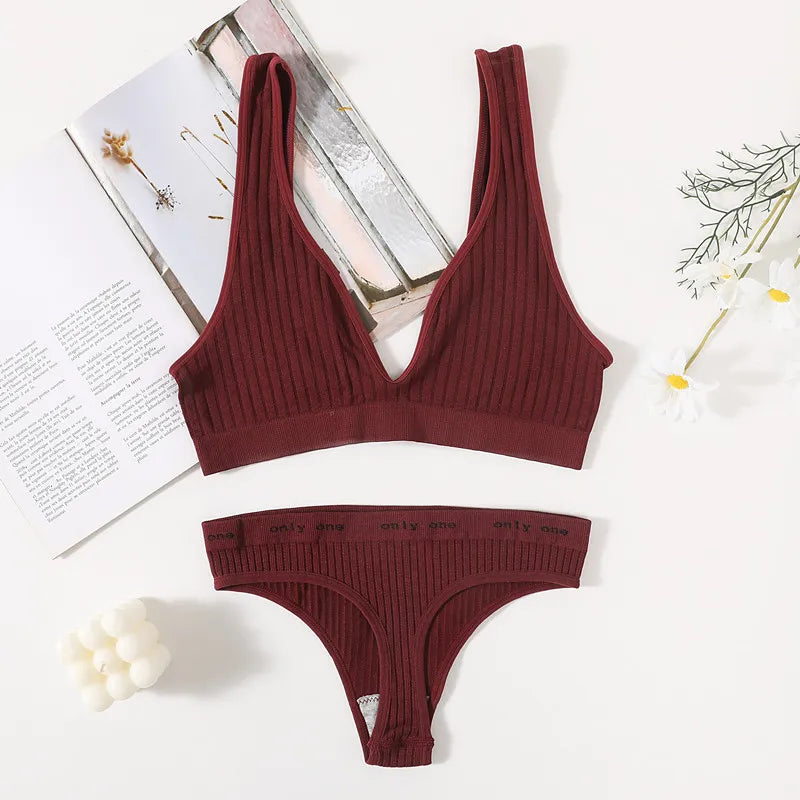 Women Seamless Bra And Panties Set Sexy Ribbed Bra Top Low Waist Thongs Wire-free Brassiere No Pads Comfort Intimates M-XL