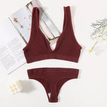 Women Seamless Bra And Panties Set Sexy Ribbed Bra Top Low Waist Thongs Wire-free Brassiere No Pads Comfort Intimates M-XL