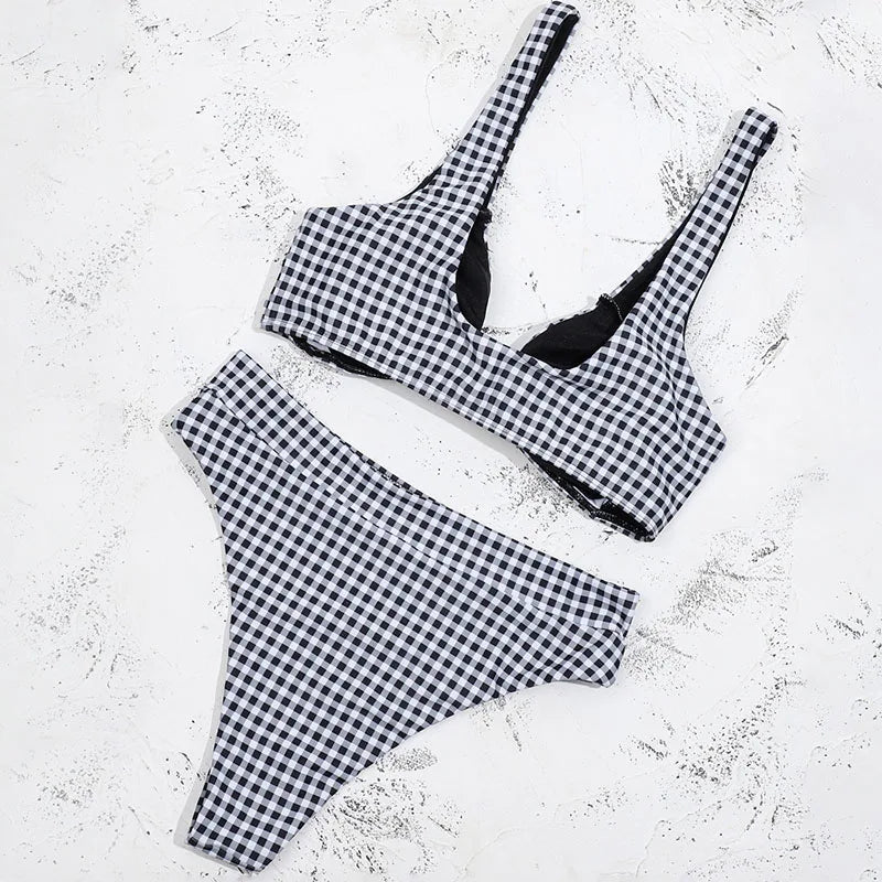 ZTVitality Black Plaid Bikinis Bow Bikini 2025 New Arrival Padded Bra High Waist Swimsuit Sexy Swimwear Women Brazilian Biquini