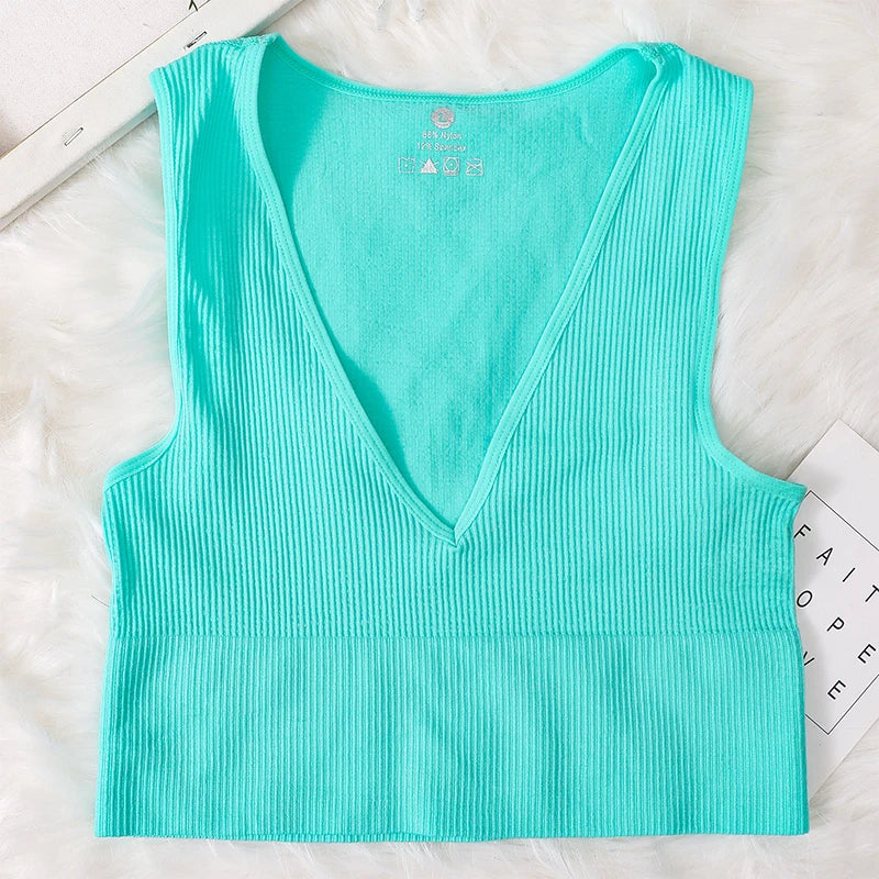 Summer Crop Top Women V-Neck Tanks Sexy Lingerie Sleeveless Short Tee Rib Fitness Underwear Sport Seamless Bra Tops Camisole