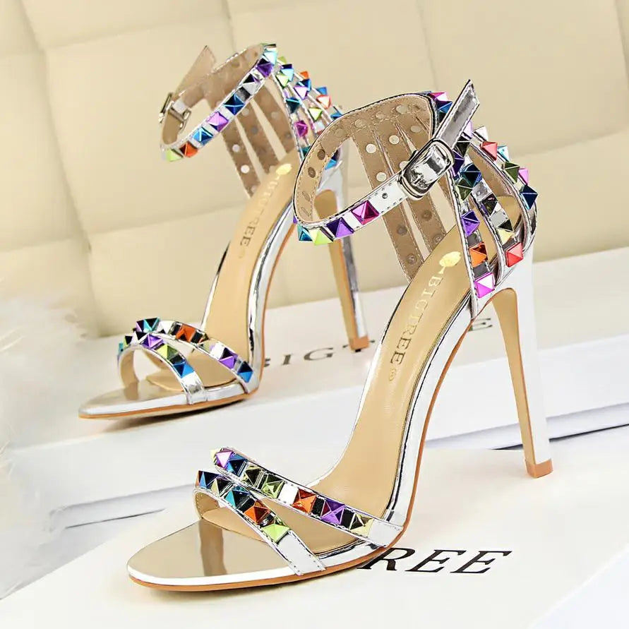 BIGTREE Shoes Color Rivets Women Sandals Roman Style Heeled Sandals Hollow Out High Heels Stiletto Sexy Party Shoes Sandals
