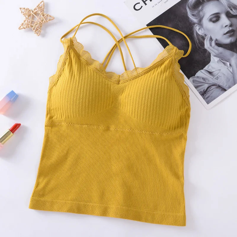 Summer Tank Top Women Crop Tops Sexy Lingerie Beauty Back Seamless Underwear Lace Bralette Camis Female Padded Camisole Femme