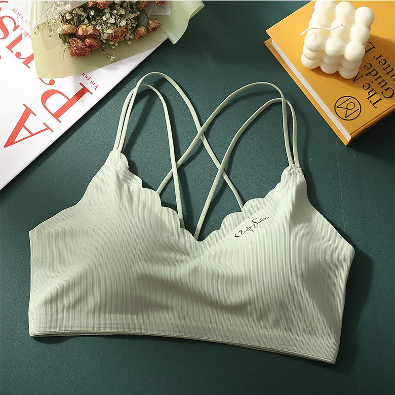 Scalloped Wave V Neck Rib Bralette Women Underwear Fixed Thin Shoulder Straps Detachable Heart Shape Foam Pads Lounge Inner Bra