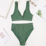 Women Ribbed V-Neck Unpadded Bra High Waist High Cut Briefs Set Wireless Bralette Soft Stretch Panties Sexy Lingerie Set S-L