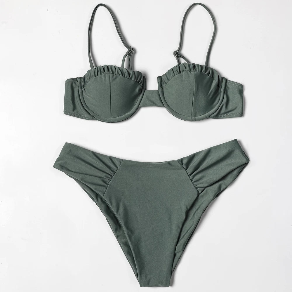 ZTVitality Solid Swimwear Women 2025 Newest Push Up Sexy Bikini Padded Bra Underwire Mid Waist Folds Swimsuit Brazilian Biquini