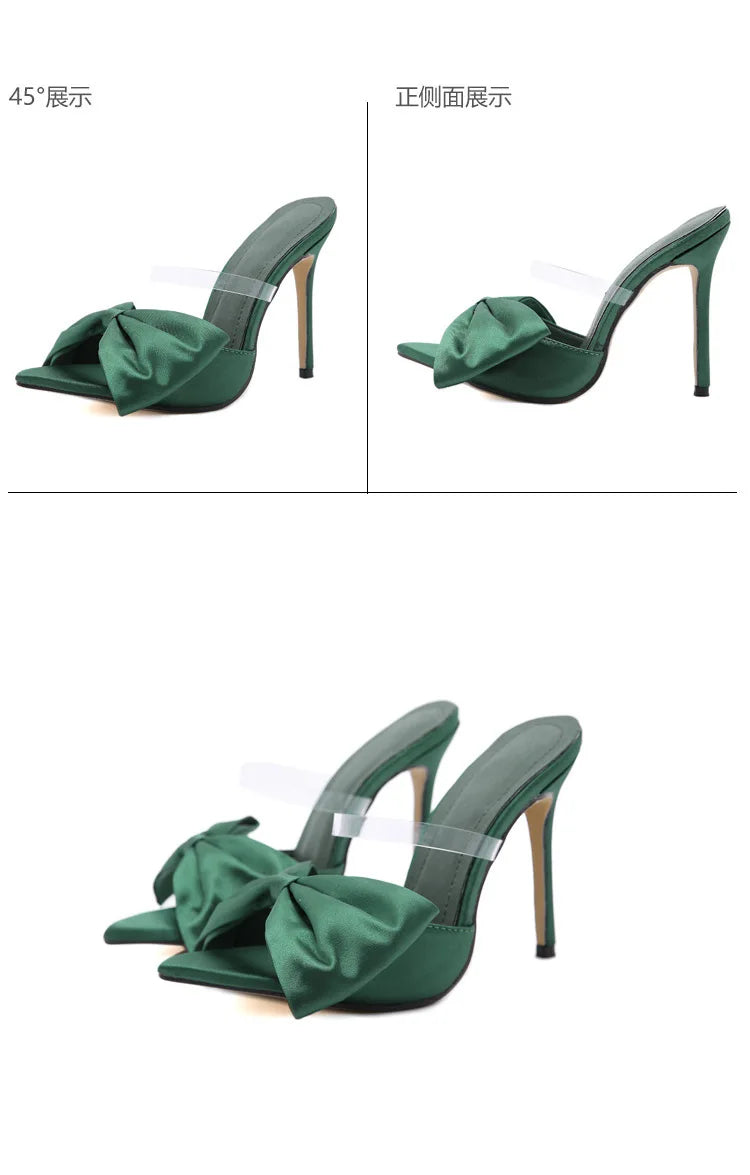 2025 Silk Butterfly Knot Women PVC Slippers Mule 11cm High Heels Slippers Luxury Sandals Pointed Toe Strappy Slides Party Shoes