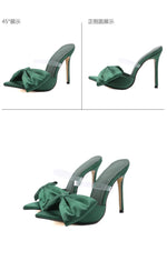 2025 Silk Butterfly Knot Women PVC Slippers Mule 11cm High Heels Slippers Luxury Sandals Pointed Toe Strappy Slides Party Shoes