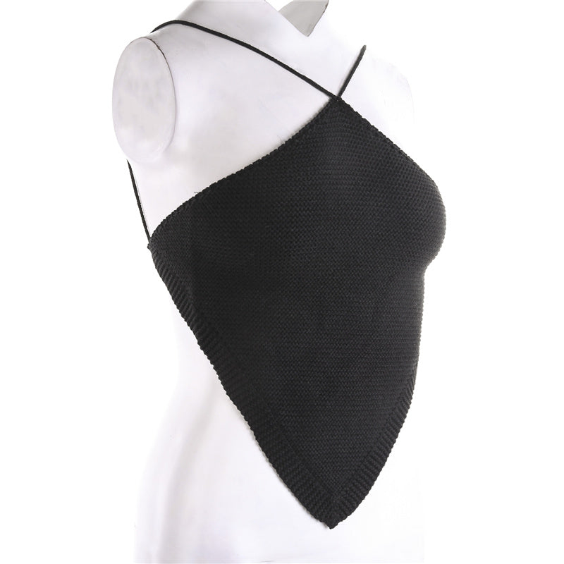 Summer Ladies Sexy Backless Chest Wrap Women Solid Color Hanging Neck Lace-Up Sleeveless Knitted Camisole Irregular Hem Top