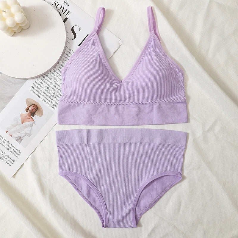 Women Bra And Panty Set Low Back Bra High Waist Briefs Female Sexy Lingerie Set Wire Free Brassiere Seamless Underwear Crop Top