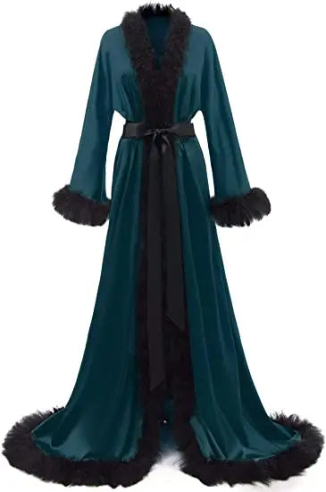 Women's Satin Robe Fur Nightgown Bathrobe Sleepwear Feather Bridal Robe with Belt