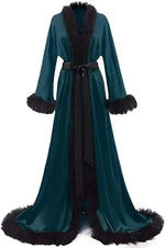 Women's Satin Robe Fur Nightgown Bathrobe Sleepwear Feather Bridal Robe with Belt