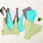 Women Ribbed V-Neck Unpadded Bra High Waist High Cut Briefs Set Wireless Bralette Soft Stretch Panties Sexy Lingerie Set S-L