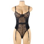 Black Mesh Chain Suspender Bodysuit for Women Sheer Teddy Lingerie Underwire Open Crotch Adjustable Straps with Garter Belt Neck