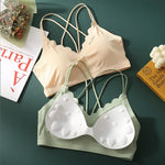Scalloped Wave V Neck Rib Bralette Women Underwear Fixed Thin Shoulder Straps Detachable Heart Shape Foam Pads Lounge Inner Bra