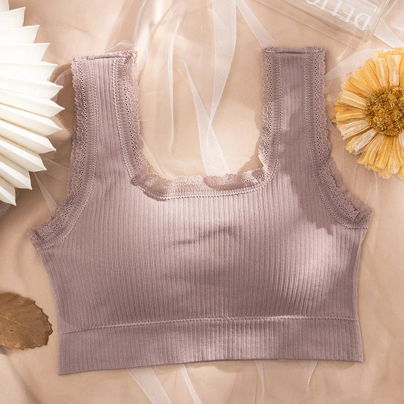 Women Wire Free Bra Removable Pad Bandeau Fixed Wide Lace Trim Strap Rib Tube Top Everyday Layering Intimates