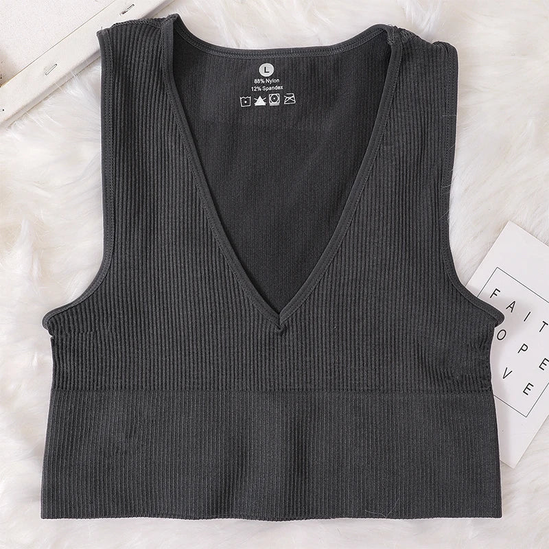 Summer Crop Top Women V-Neck Tanks Sexy Lingerie Sleeveless Short Tee Rib Fitness Underwear Sport Seamless Bra Tops Camisole