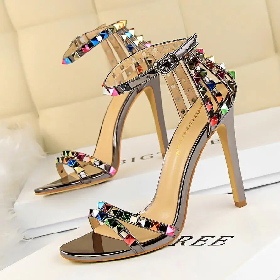 BIGTREE Shoes Color Rivets Women Sandals Roman Style Heeled Sandals Hollow Out High Heels Stiletto Sexy Party Shoes Sandals
