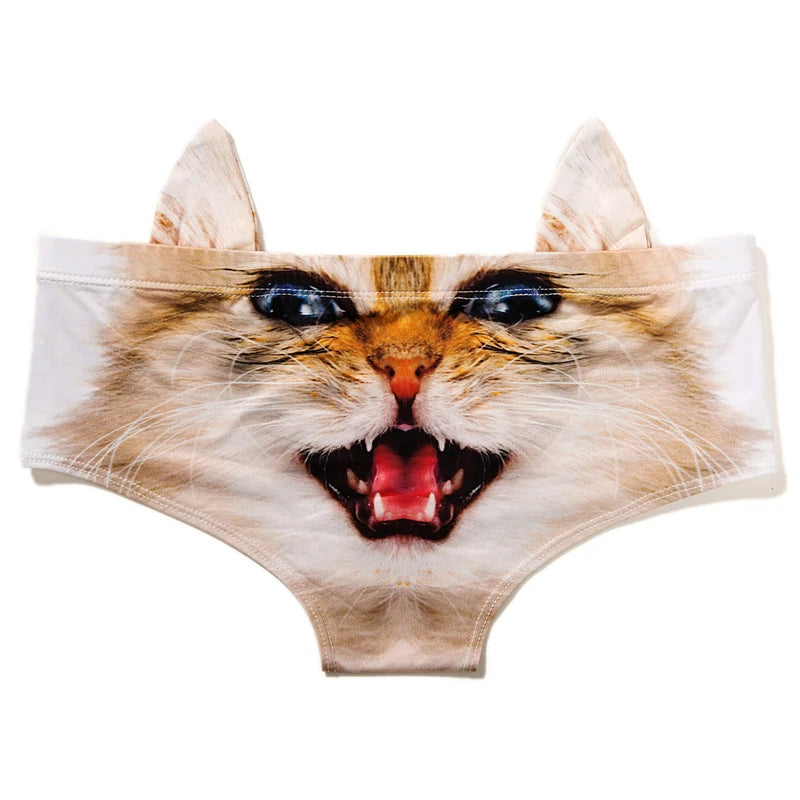 Cute Cat Pet Print 3D Stereo Ears Panties Comfortable Ice Silk Women Underwear Sexy Low-Waist Thong Hip-Lifting Female Briefs