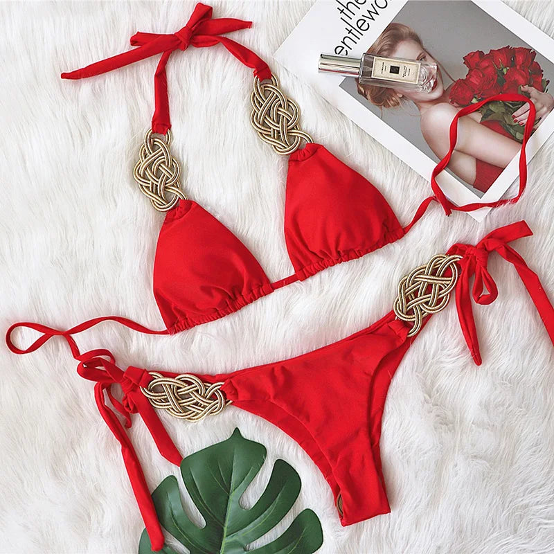 New Patchwork Halter Knitted Bikini Women Swimwear Female Swimsuit Two-pieces Bikini set Brazilian Bather Bathing Suit Swim Lady
