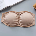 Women Ribbed Strapless Bandeau Bra Anti-Slip Ruched Tube Top Bra Removable Breathable Pads Adjustable Back Hooks One Size