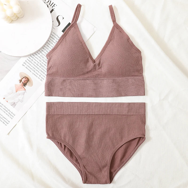Women Bra And Panty Set Low Back Bra High Waist Briefs Female Sexy Lingerie Set Wire Free Brassiere Seamless Underwear Crop Top