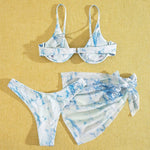 Marble Print V-Bar Underwired Bikini Women Swimsuit Female Swimwear Three-pieces Bikini Set Push Up Bathing Suit Beach Sarong