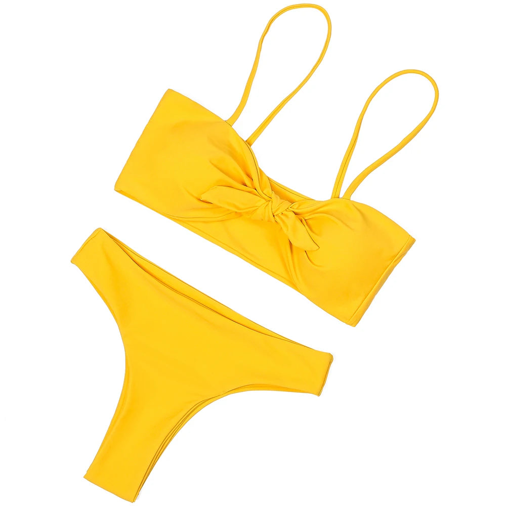 ZTVitality Sexy Solid Bow Bikinis Push Up Bikini 2021 Straps Padded Low Waist Swimsuit Bandage Swimwear Women Brazilian Biquini