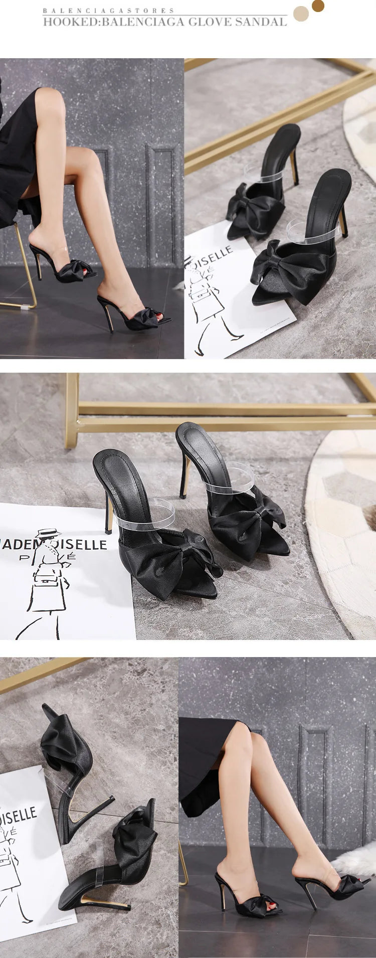 2025 Silk Butterfly Knot Women PVC Slippers Mule 11cm High Heels Slippers Luxury Sandals Pointed Toe Strappy Slides Party Shoes