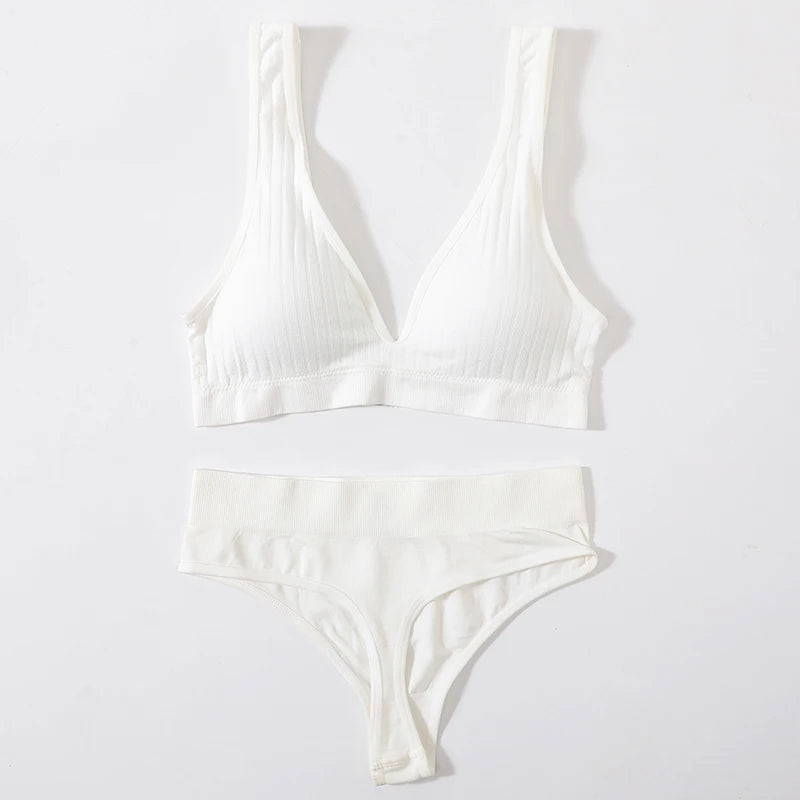 Women Push-Up Bra And Panties Set Sexy Lingerie V-neck Non-wire Bralette with Removable Pads Seamless Crop Top High Waist Thong