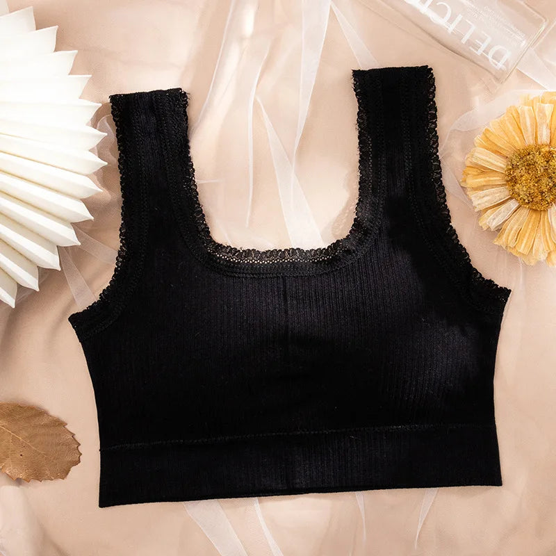 Women Wire Free Bra Removable Pad Bandeau Fixed Wide Lace Trim Strap Rib Tube Top Everyday Layering Intimates