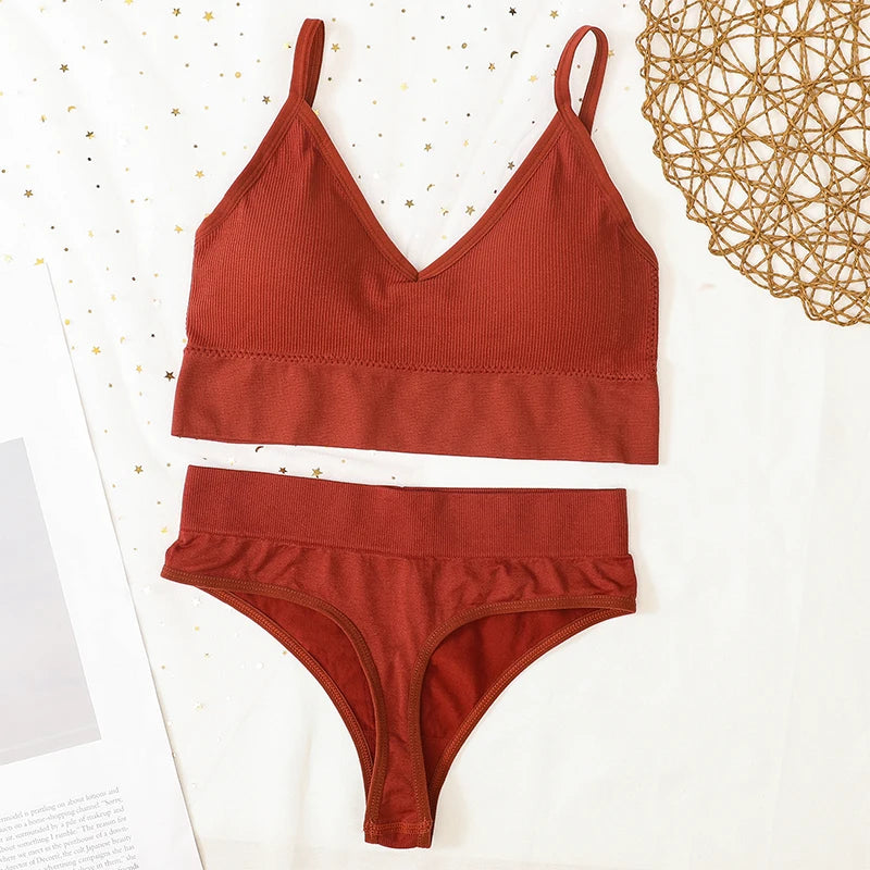 Women Sports Bra And Panties Set Seamless Bra U-Back Crop Top High Rise G-String Panties Thongs Underwear Sexy Lingerie Set