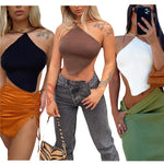 Summer Ladies Sexy Backless Chest Wrap Women Solid Color Hanging Neck Lace-Up Sleeveless Knitted Camisole Irregular Hem Top