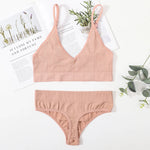 Women Ribbed Bra And Panties Set Seamless Underwear Top Women's V-Neck No Pad Lingerie Adjustable Straps Wire Free Bralette M-L