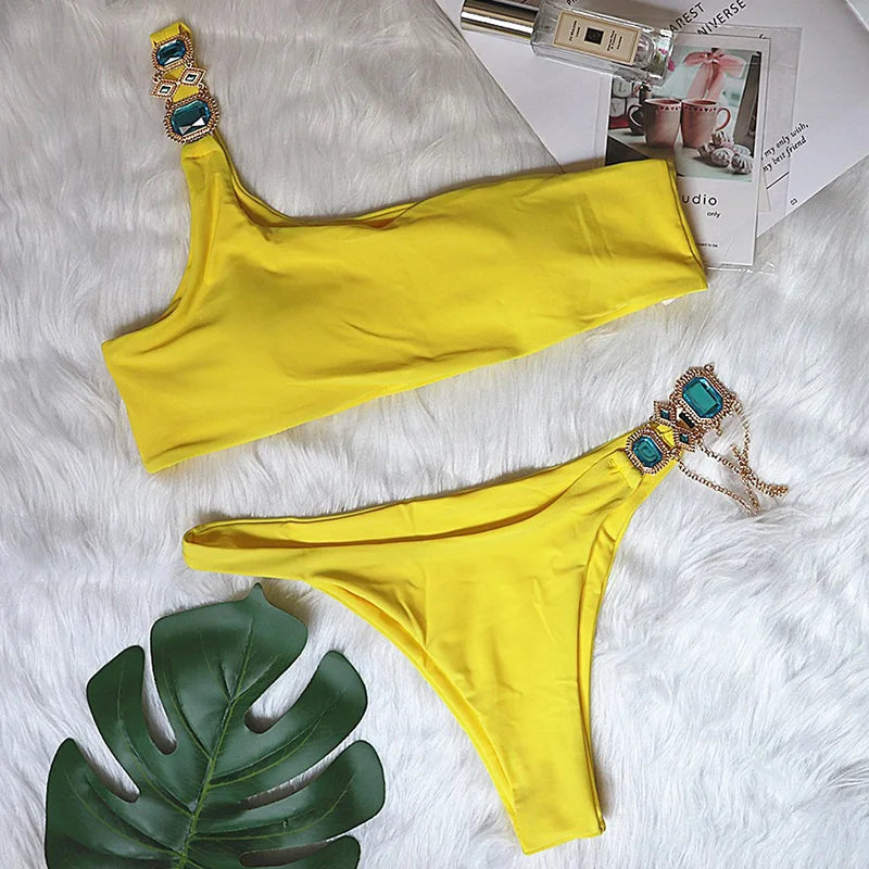 Halter Rhinestone Diamond Bikini Women Swimsuit Female Bikinis Metal Chain Swimwear Two Pieces Bikini Set Bathing Suit Swim Lady
