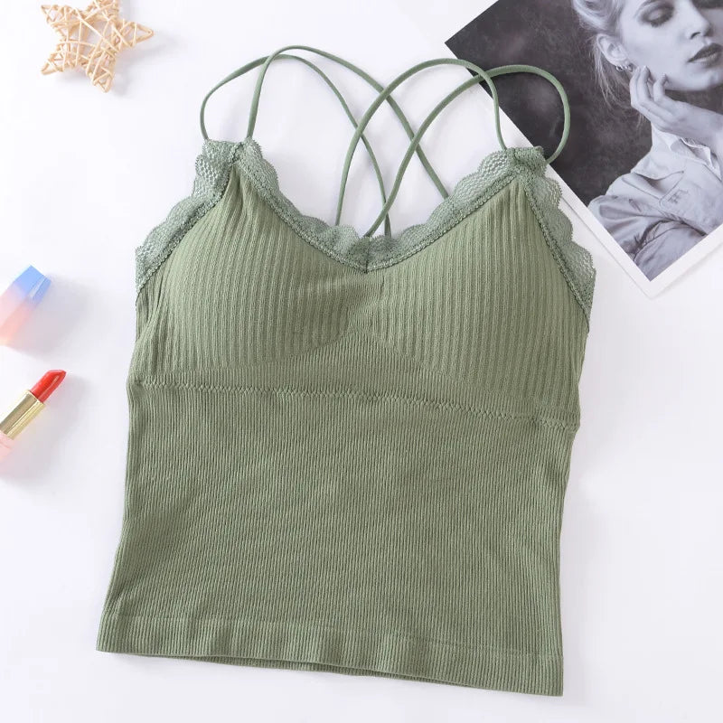 Summer Tank Top Women Crop Tops Sexy Lingerie Beauty Back Seamless Underwear Lace Bralette Camis Female Padded Camisole Femme
