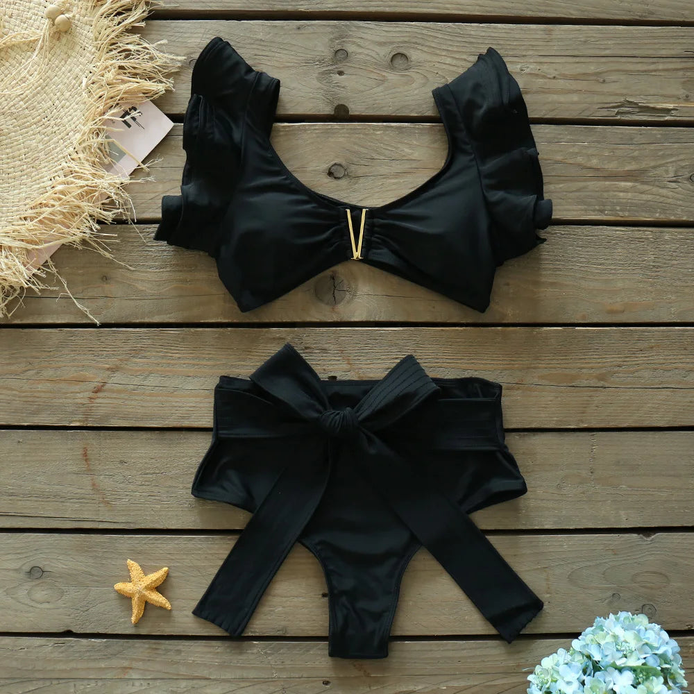 Two-Pieces Women Floral 2025 Push-Up Padded Bra Ruffles Bandage Bikini Set Swimsuit Swimwear Bathing Suit Beachwear Biquini
