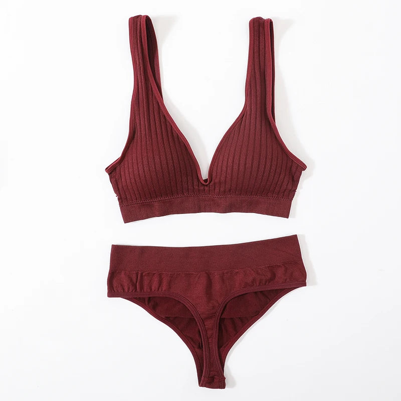 Women Push-Up Bra And Panties Set Sexy Lingerie V-neck Non-wire Bralette with Removable Pads Seamless Crop Top High Waist Thong