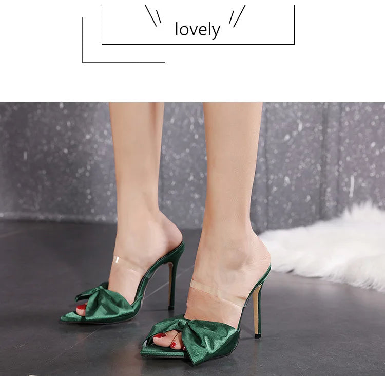 2025 Silk Butterfly Knot Women PVC Slippers Mule 11cm High Heels Slippers Luxury Sandals Pointed Toe Strappy Slides Party Shoes