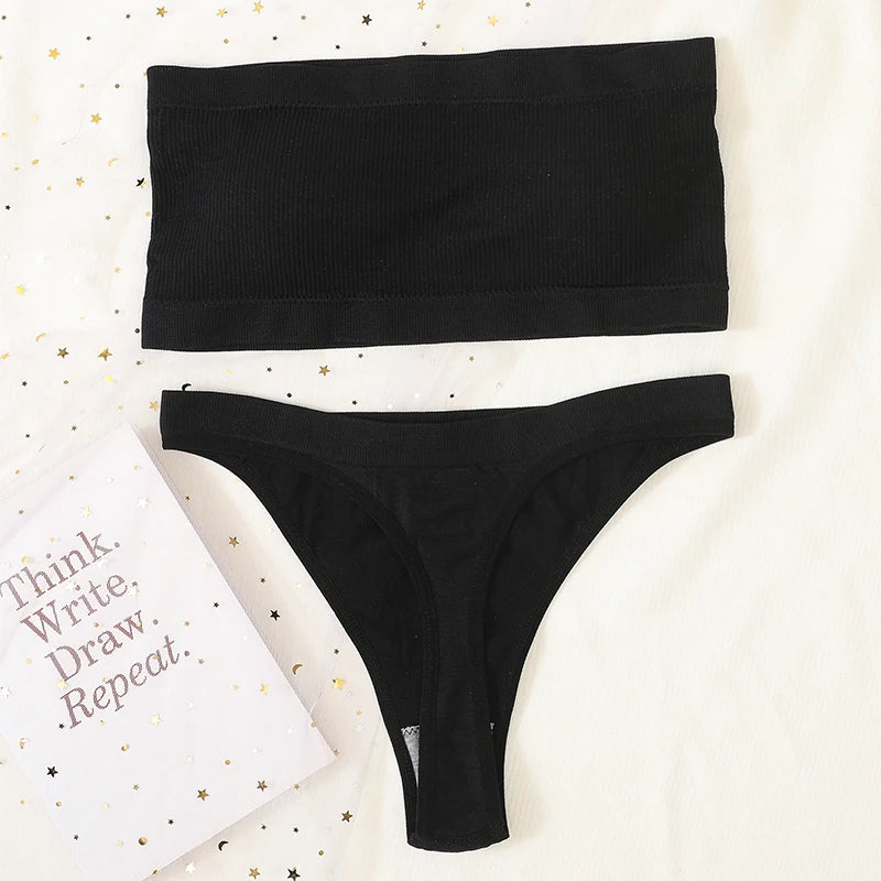 Women Strapless Bra And Panties Set Bandeau Bra High Waist Thong Seamless Underwear Sexy Tube Bra Female Sexy Lingerie Set M-XL