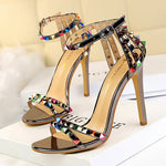BIGTREE Shoes Color Rivets Women Sandals Roman Style Heeled Sandals Hollow Out High Heels Stiletto Sexy Party Shoes Sandals